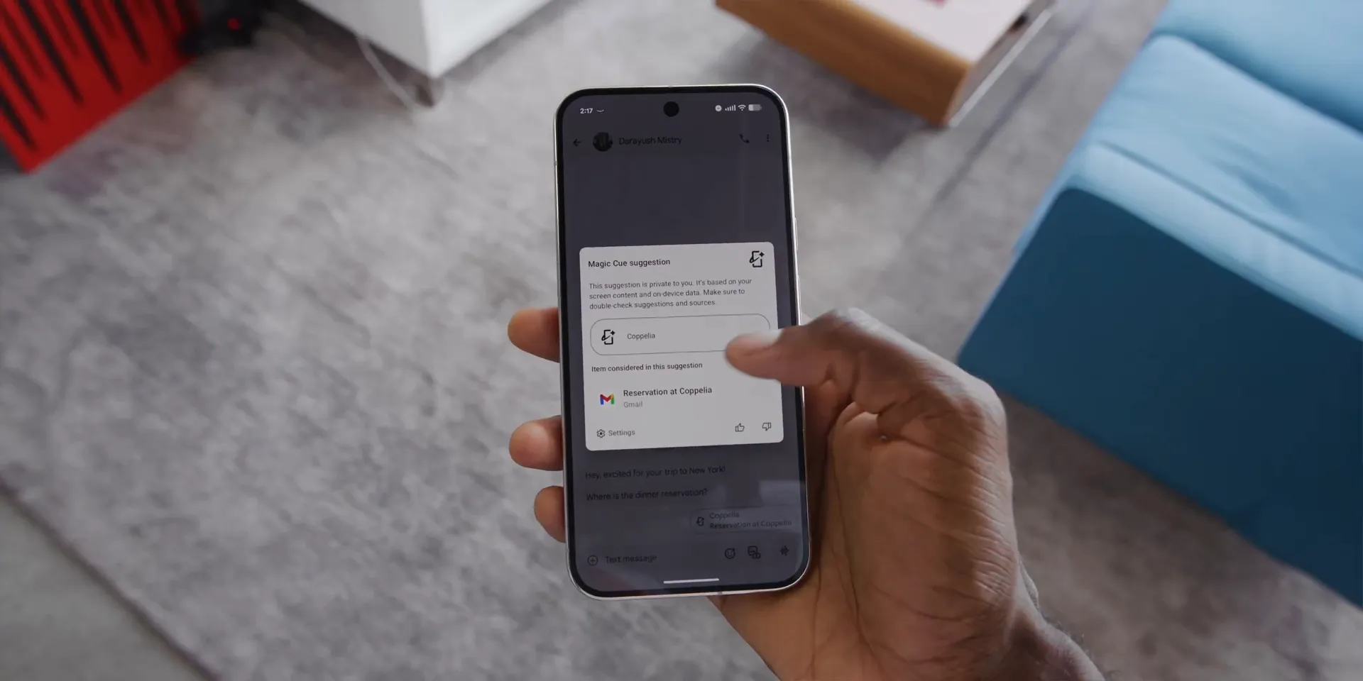 Magic Cues popping up reservation details inside a messaging thread
