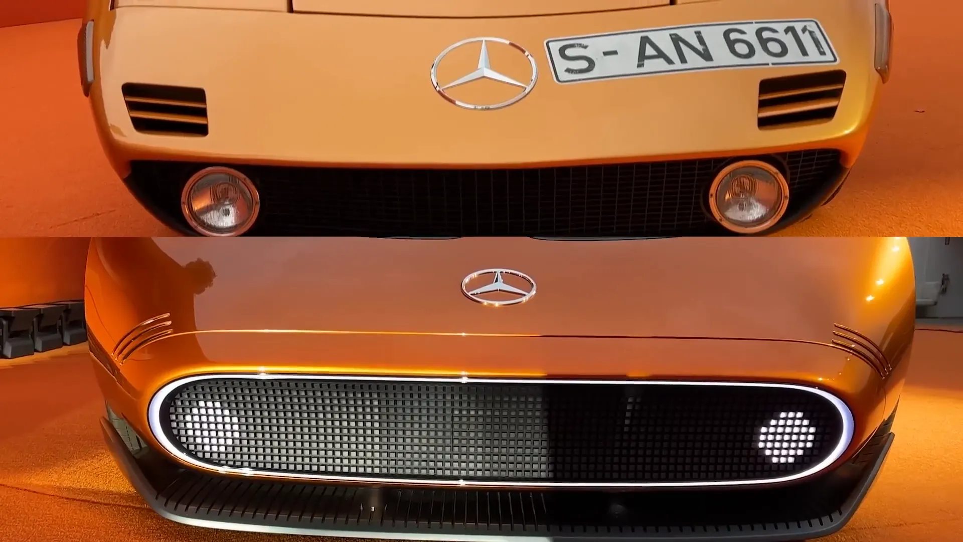 Close-up of the pixelated digital screen and Mercedes badge on Vision One-Eleven