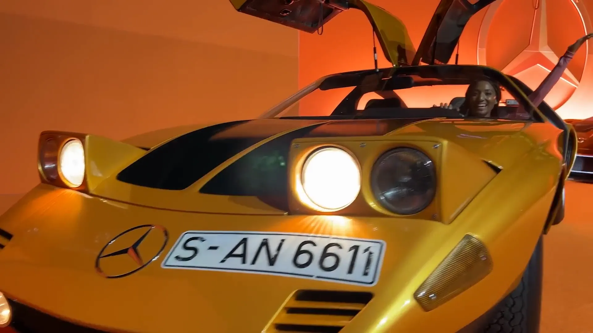 Original Mercedes C111 with pop-up headlights and analog interior