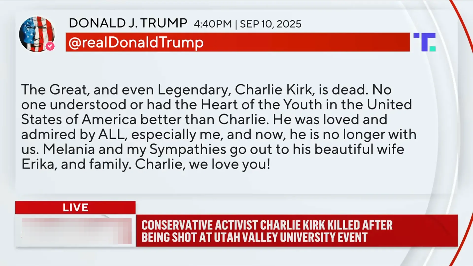 President Trump's statement on Truth Social reacting to Charlie Kirk's death