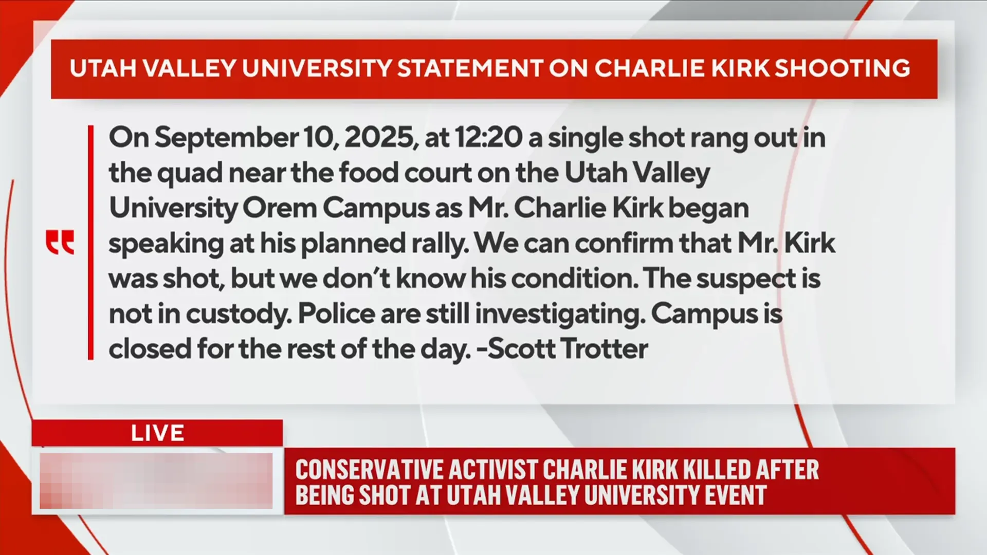Utah Valley University statement confirming a shooting on campus