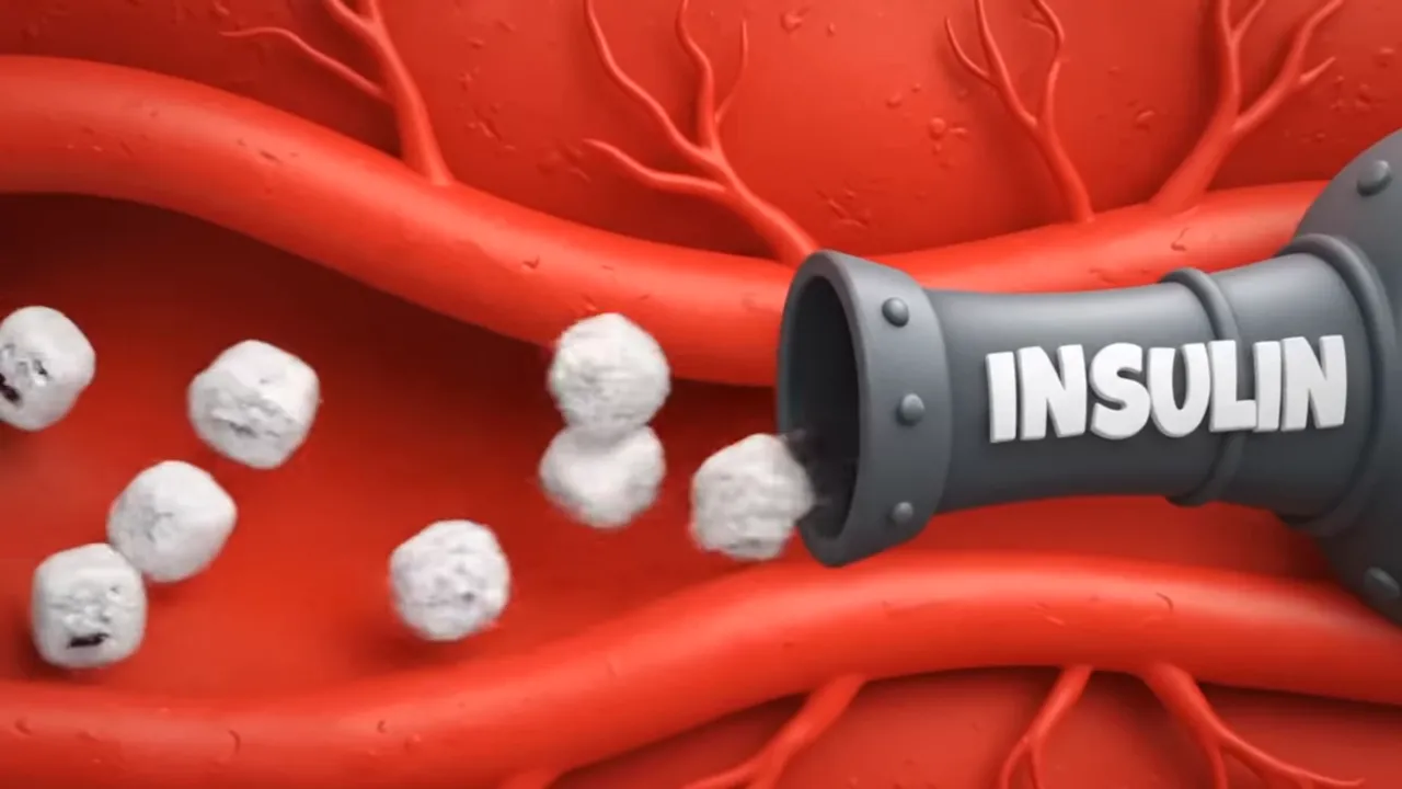 Illustration of insulin pulling sugar into storage
