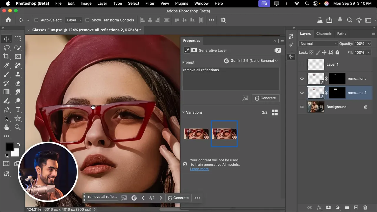 Flux Kontext Pro removing reflections from glasses