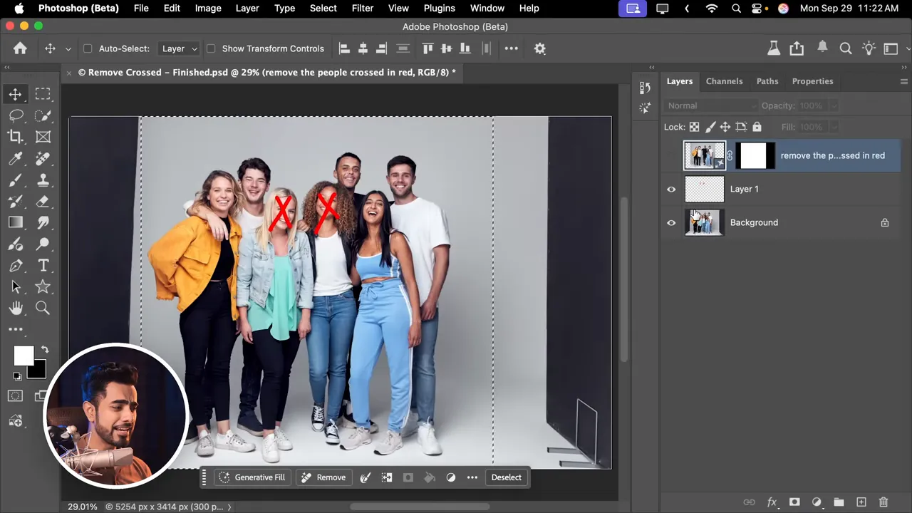 Annotations: crossed-out people removed