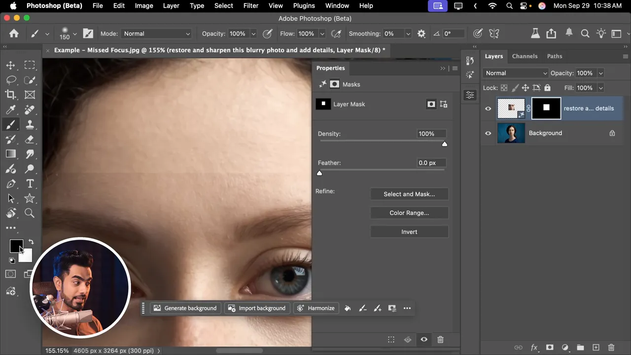 Mask feathering and soft brush to blend generated edges