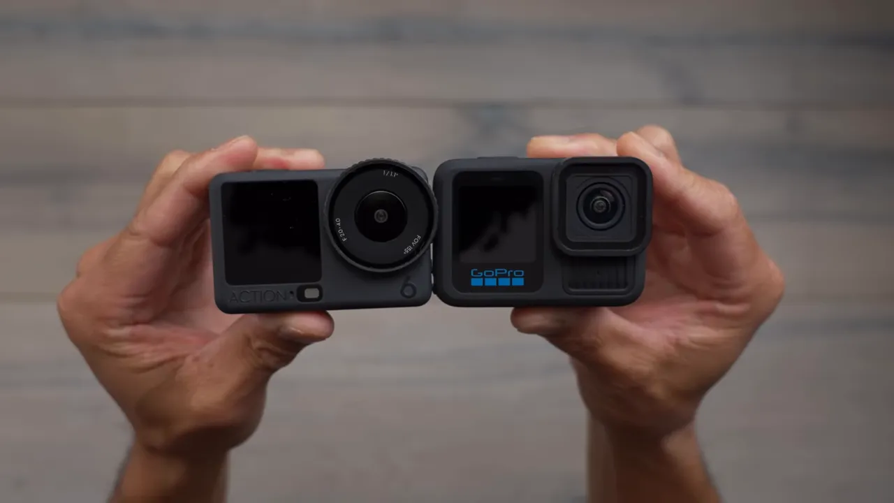 Close-up front view of DJI Osmo Action 6 and GoPro Hero 13 side by side