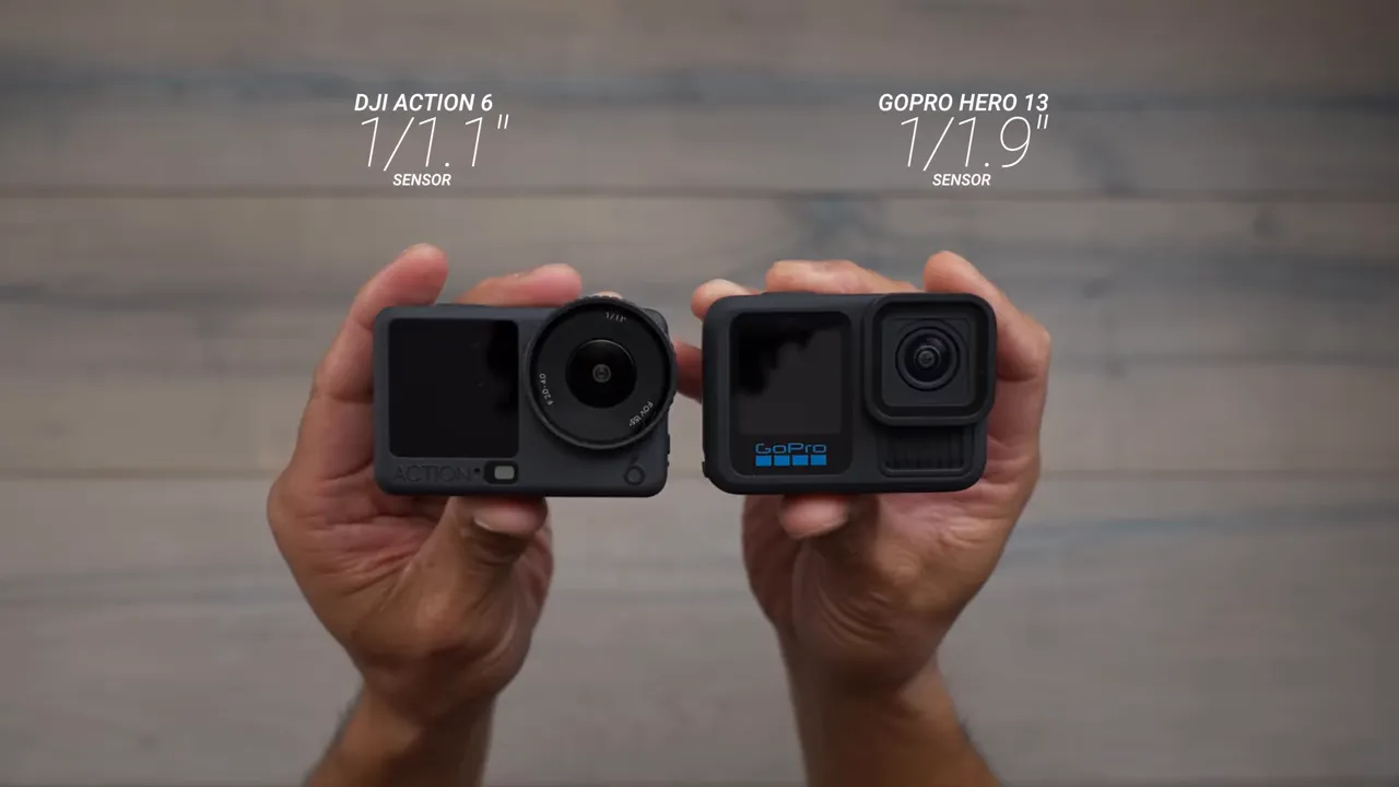 Hands holding the DJI Action 6 and GoPro Hero 13 side-by-side with text above each showing '1/1.1