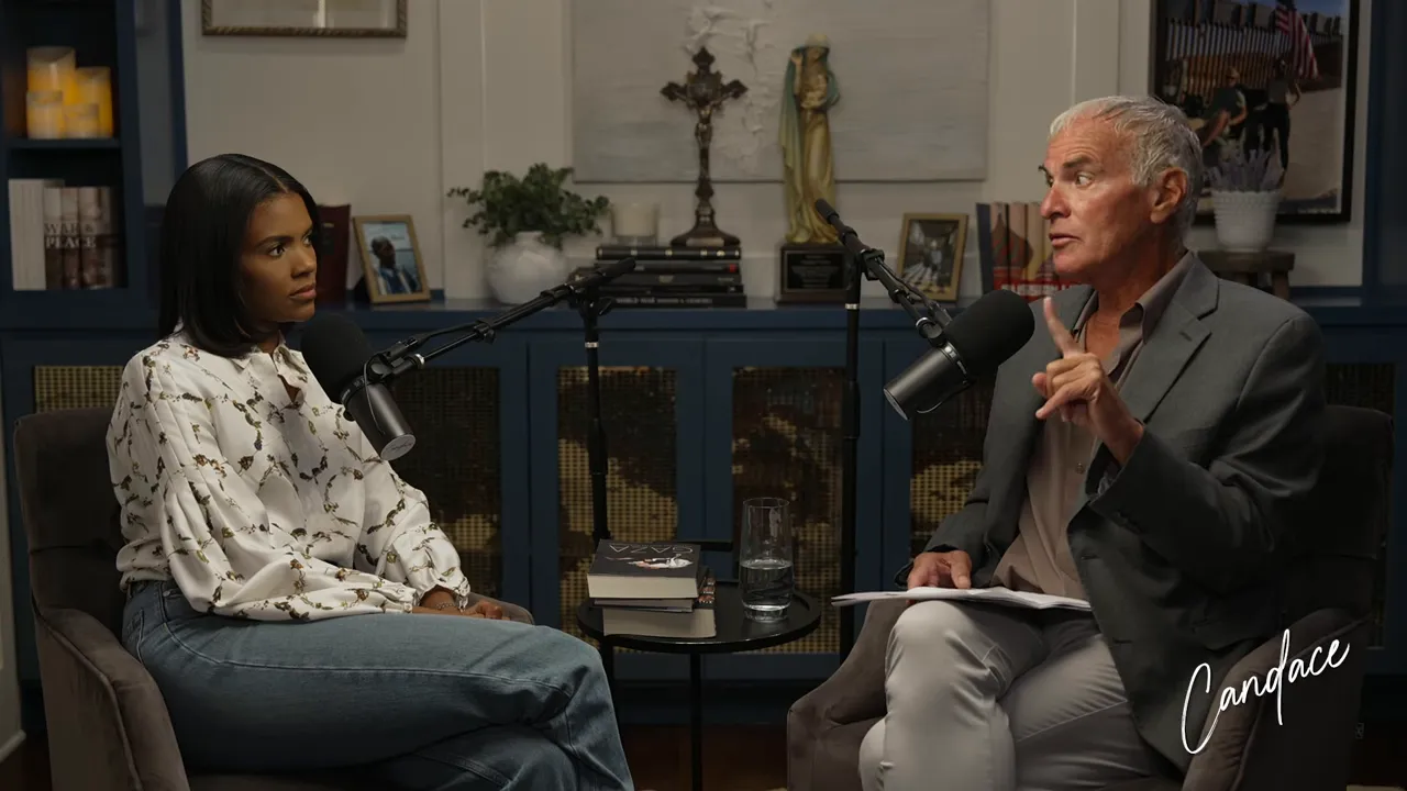 Norman Finkelstein with raised finger speaking while Candace Owens listens intently in a podcast interview