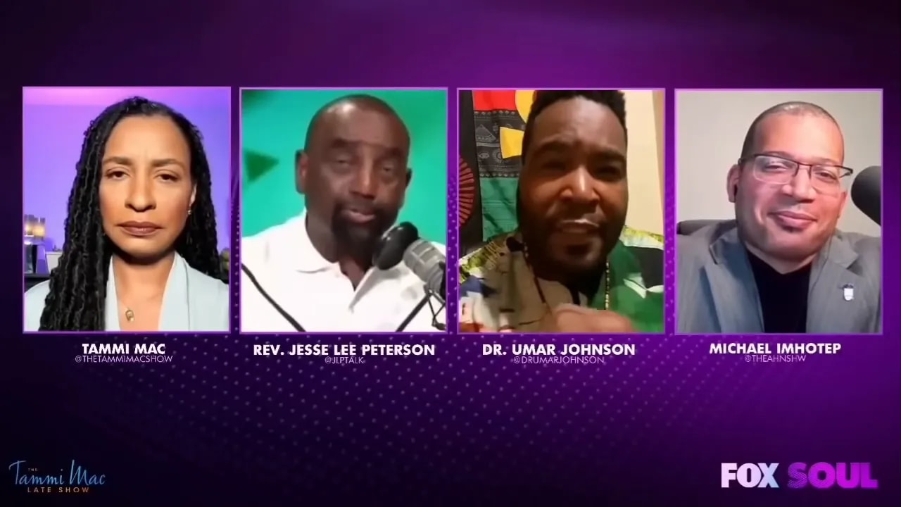 Four-person virtual panel in purple Fox Soul frame during a televised debate