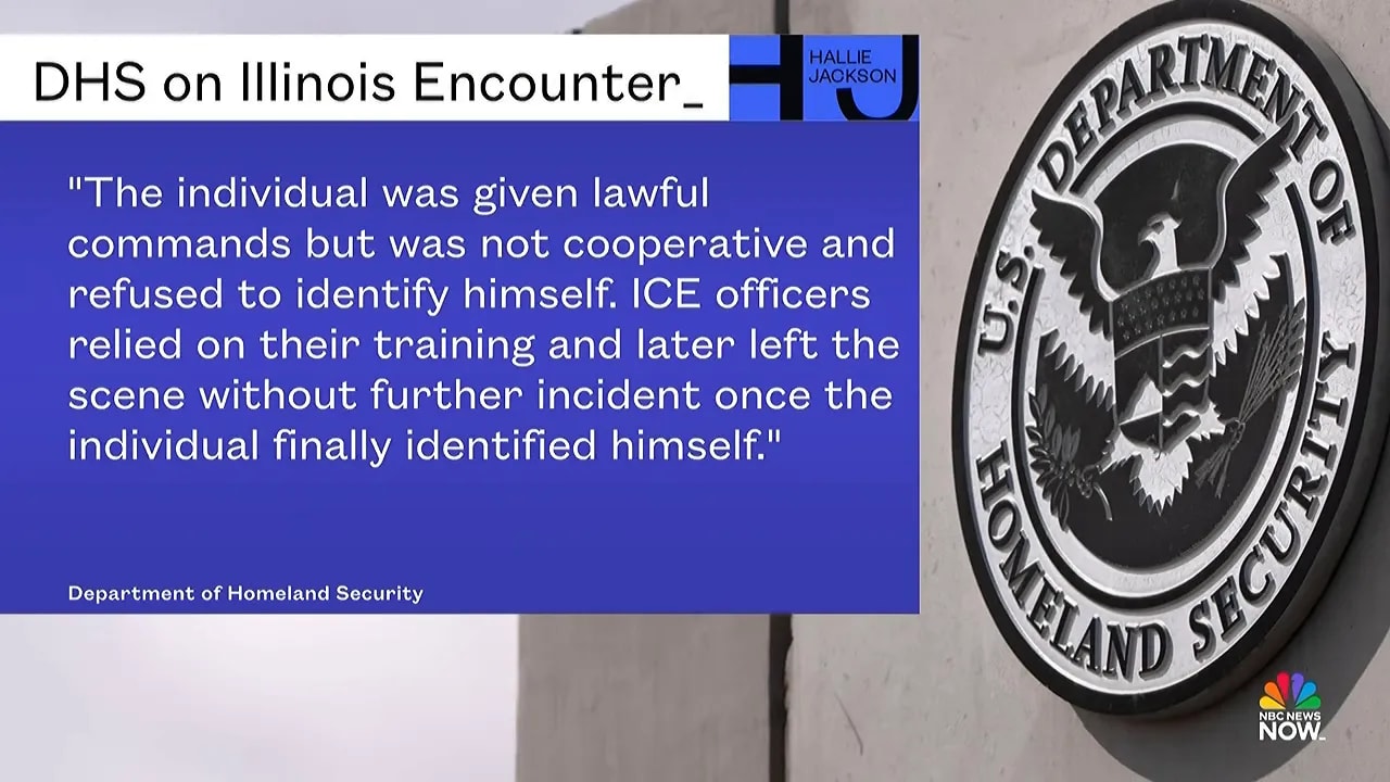 Graphic displaying a DHS statement about the Illinois ICE encounter beside a Department of Homeland Security seal