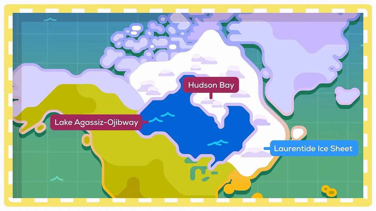 Illustrated map labeling Lake Agassiz-Ojibway, Hudson Bay and the Laurentide Ice Sheet