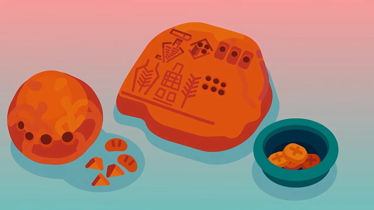 Illustrated clay tablet with pictographic marks beside clay tokens and a hollow clay ball
