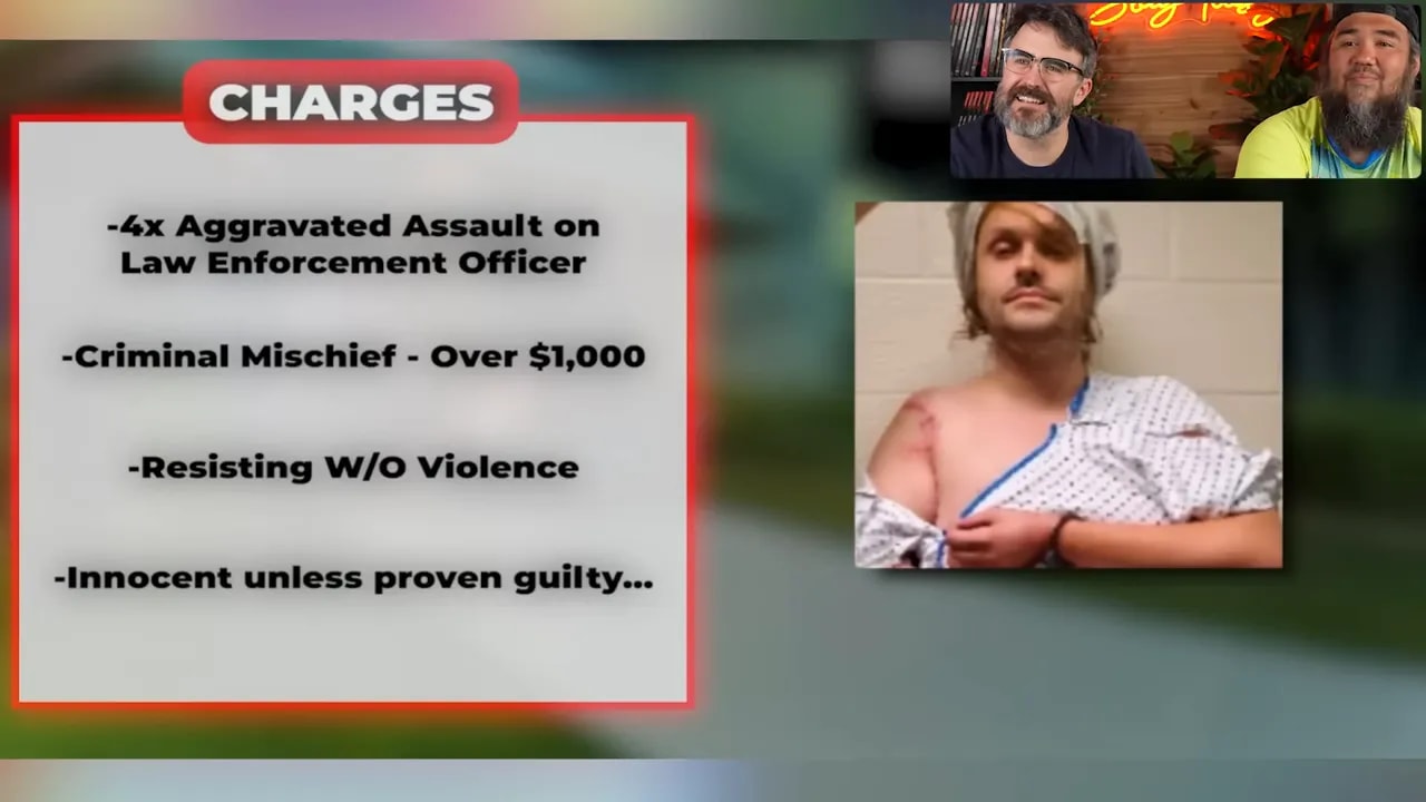 On-screen charges panel listing aggravated assault, criminal mischief, and resisting without violence beside a photo of Joseph Leedy