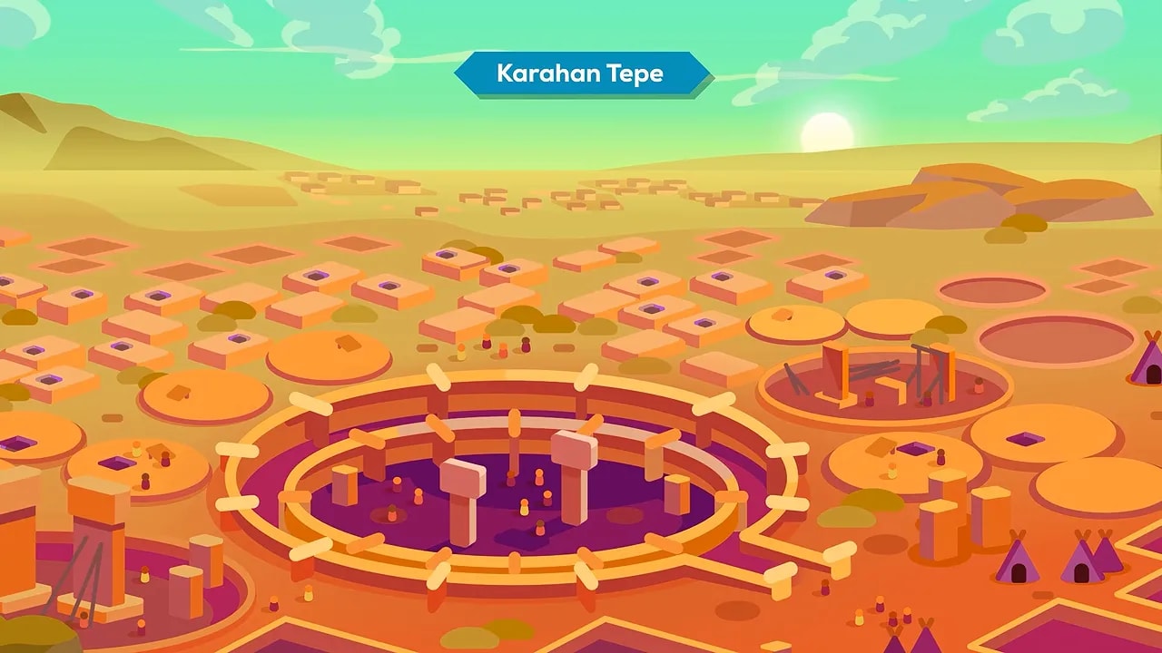 Illustrated Karahan Tepe settlement with circular enclosures and T-shaped pillars
