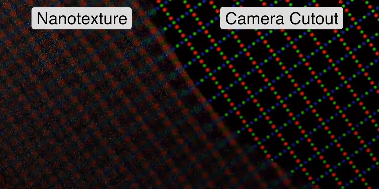 Magnified display surface labeled Nanotexture and Camera Cutout